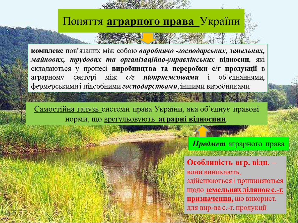 Поняття аграрного права України комплекс пов’язаних між собою виробничо -господарських, земельних, майнових, трудових та